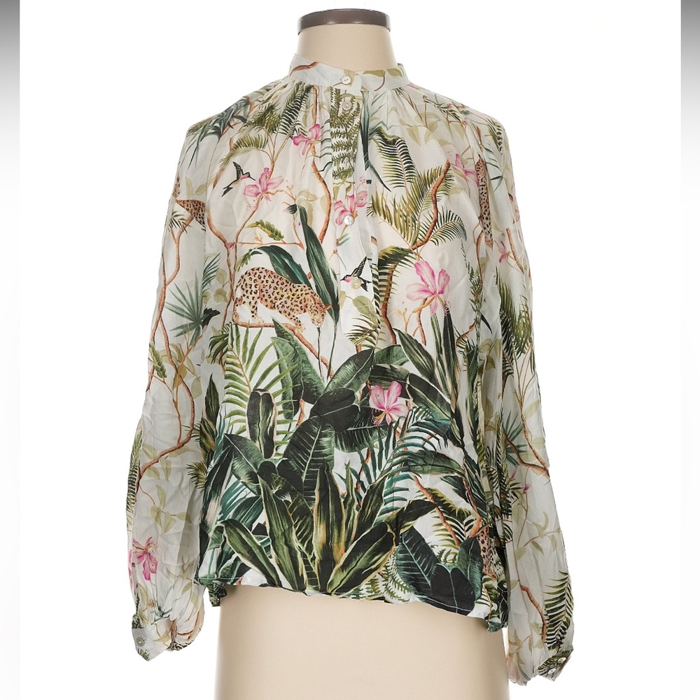 H&M Jungle Floral Cheetah Satin Print Button Down Top Bubble Sleeves Size 6